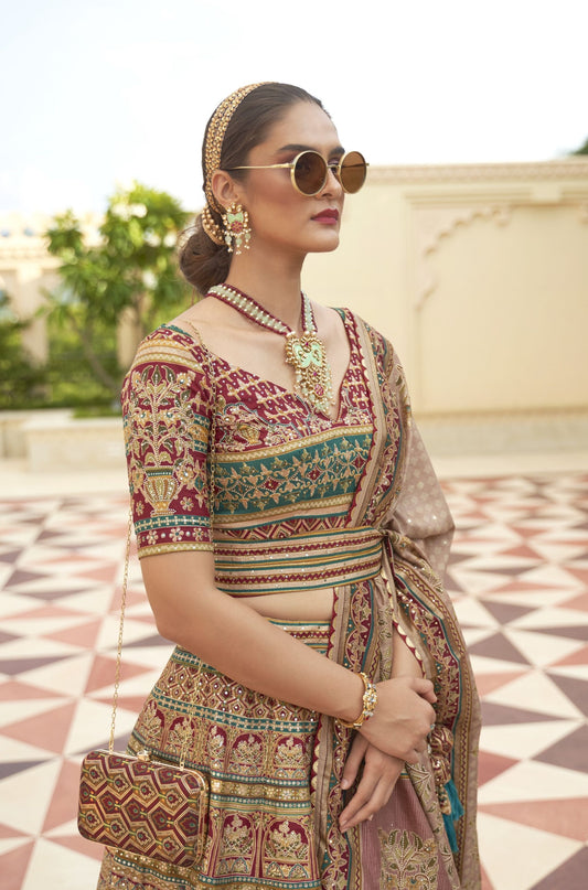 Beautiful Multi Color Mirror Embroidery Silk Bridal Lehenga