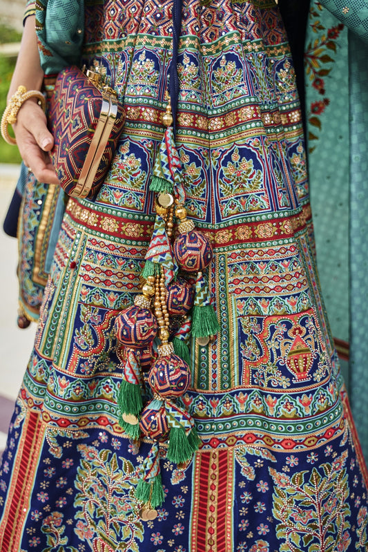 Elegant Blue Color Mirror Embroidery Silk Bridal Lehenga