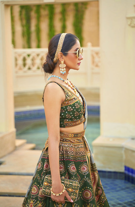 Green Mirror Embroidery Silk with Yellow Border Bridal Lehenga