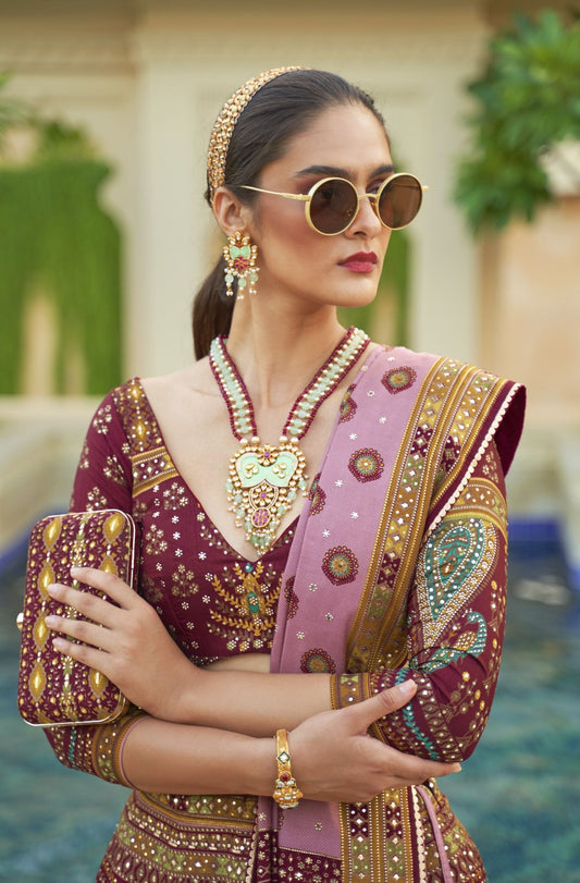 Purple Mirror Embroidery Silk with Yellow Border Bridal Lehenga