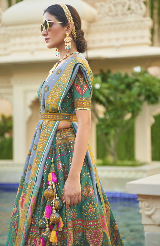 Green Mirror Embroidery Silk with Yellow Border Bridal Lehenga