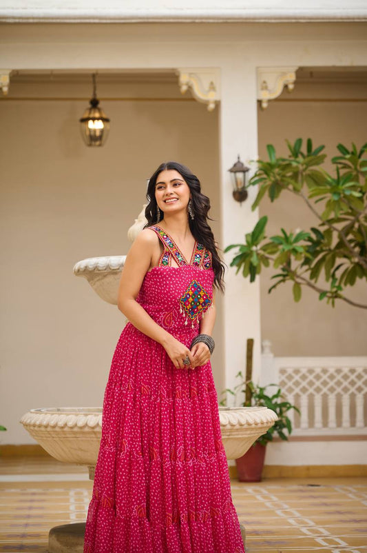 Pink Gamthi Work Georgette Bandhani Print Navratri Gown