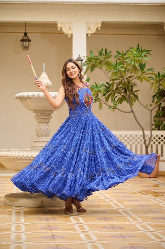 Blue Gamthi Work Georgette Bandhani Print Navratri Gown