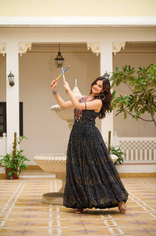 Black Gamthi Work Georgette Bandhani Print Navratri Gown