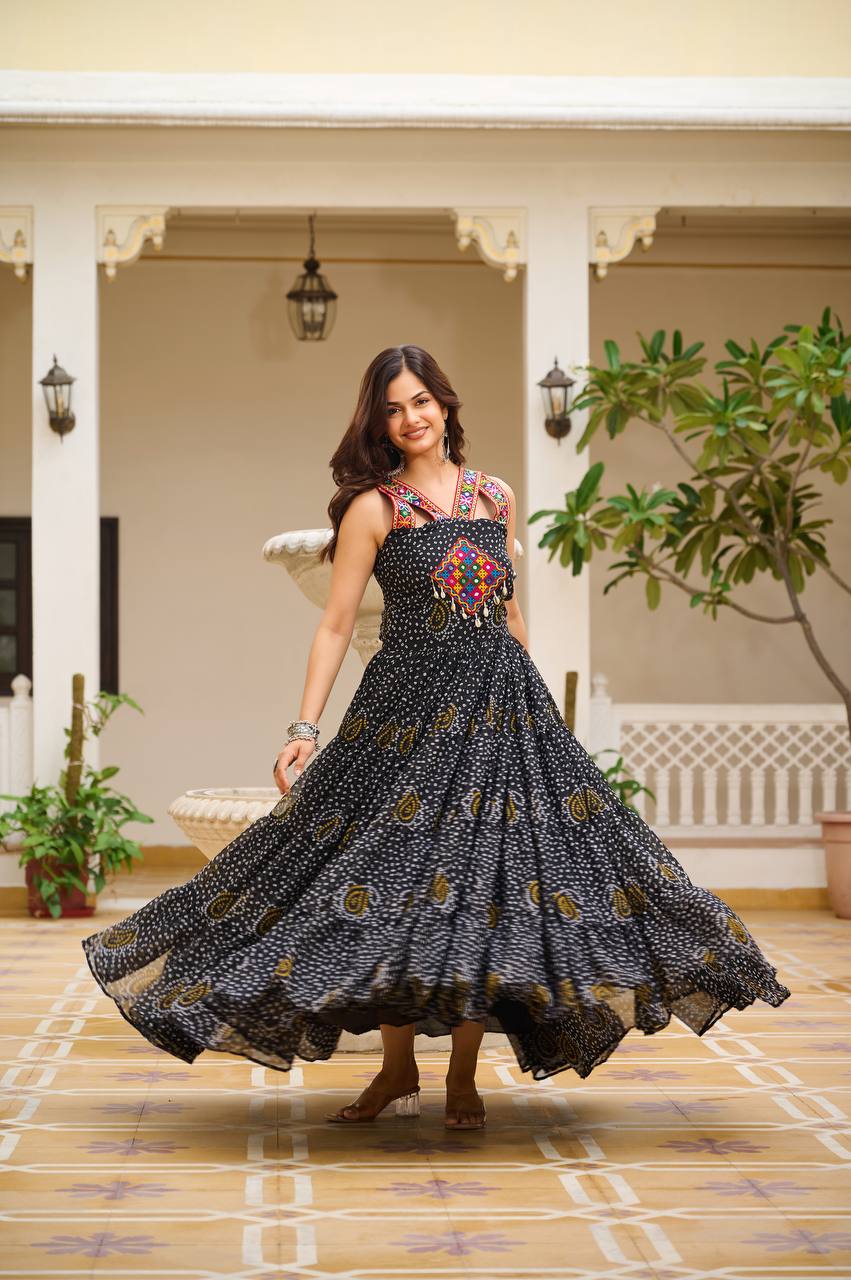 Black Gamthi Work Georgette Bandhani Print Navratri Gown