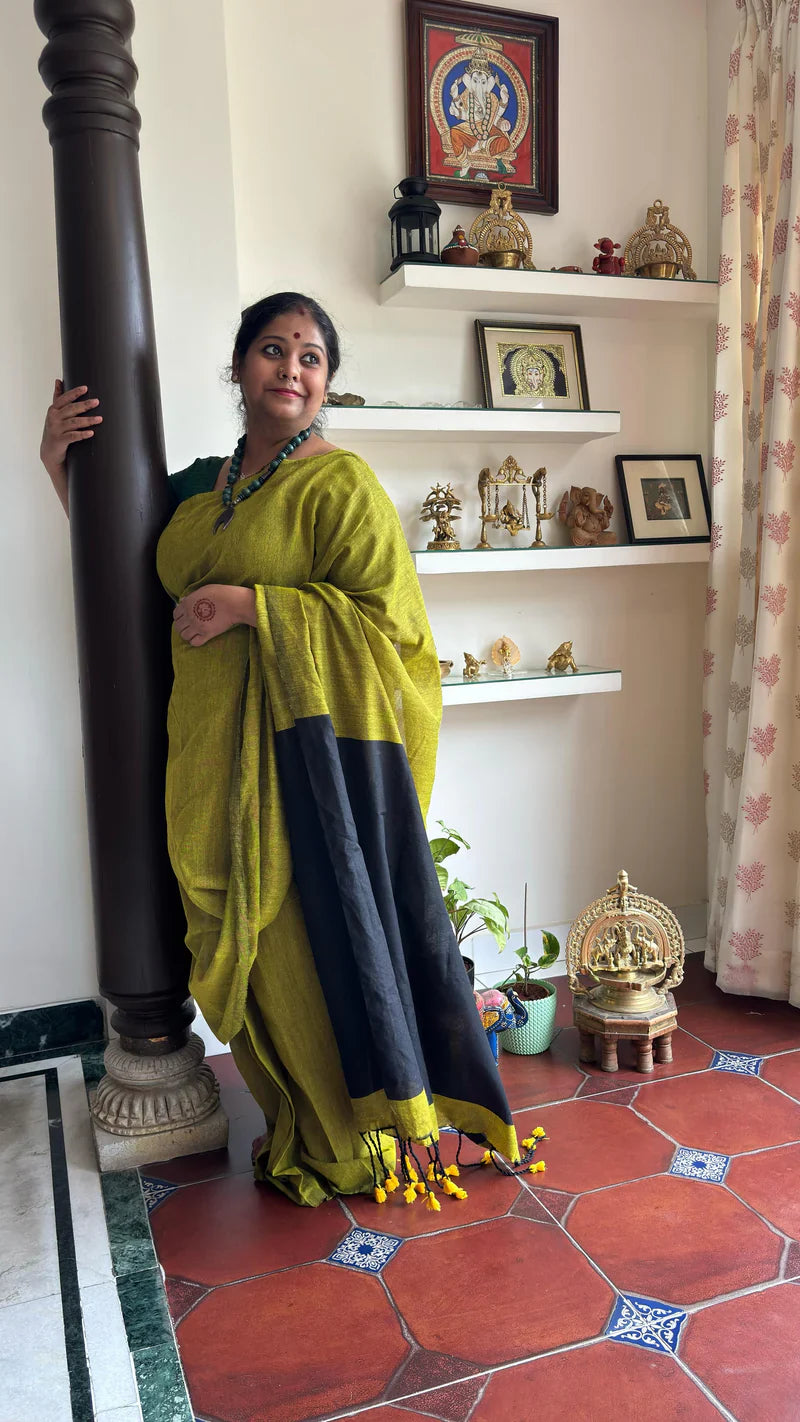 Aanchal - Saree (Unstitched) in Green with Black Khadi fabric