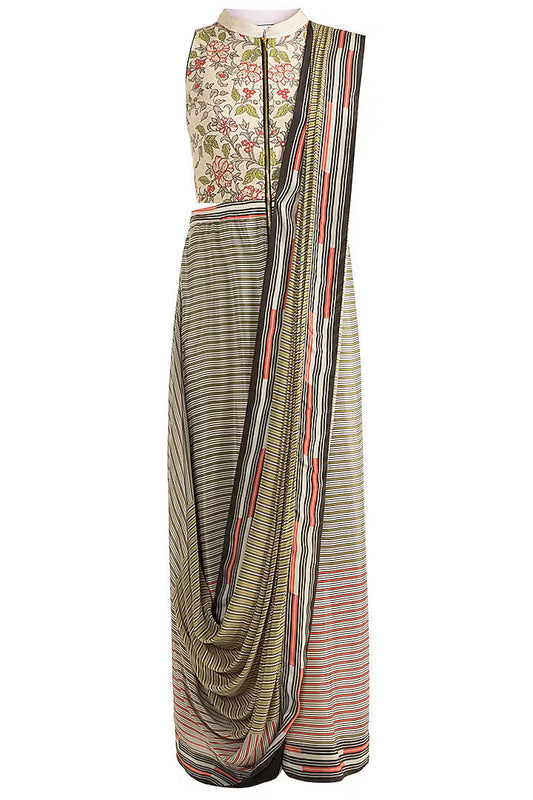 Ivory & Olive Green Crepe Drape Saree Gown