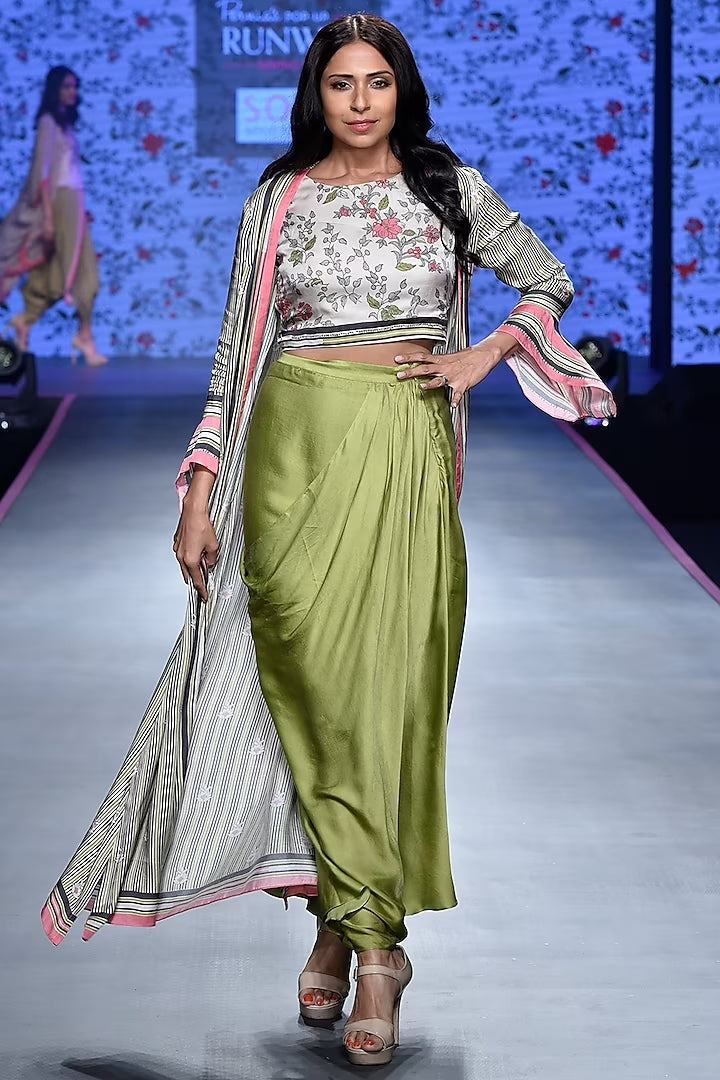 Olive Green & Ivory Top With Dhoti Skirt & Jacket