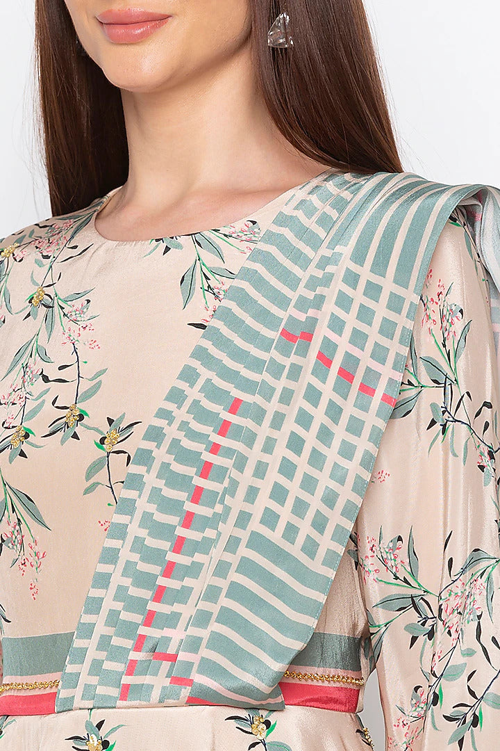 Multi-Colored Crepe Printed Pre-Stitched Saree Set