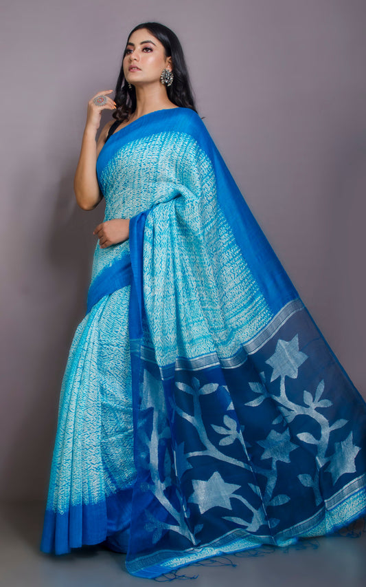 Pure Handloom Matka Shibori Jamdani Saree in Off White, Azure and Silver
