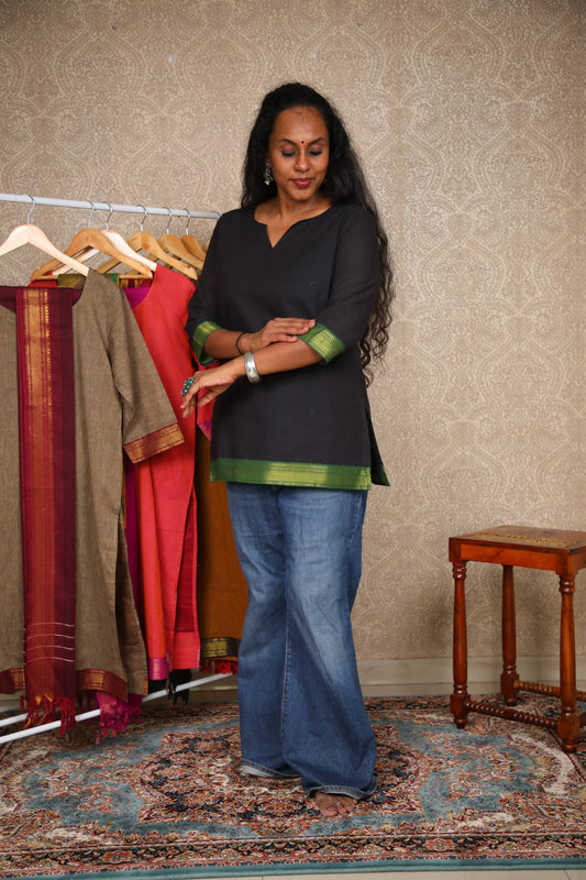 Rang- Short Kurti in Mangalagiri cotton in Black color