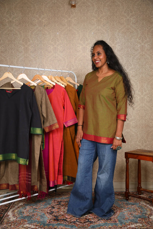 Rang- Short Kurti in Mangalagiri cotton in Olive Green color