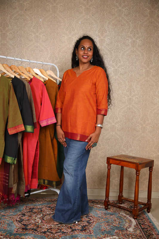 Rang- Short Kurti in Mangalagiri cotton in Rust Orange color