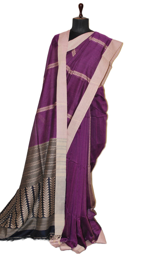 Handwoven Premium Soft Cotton Saree in Eggplant Purple, Beige and Black