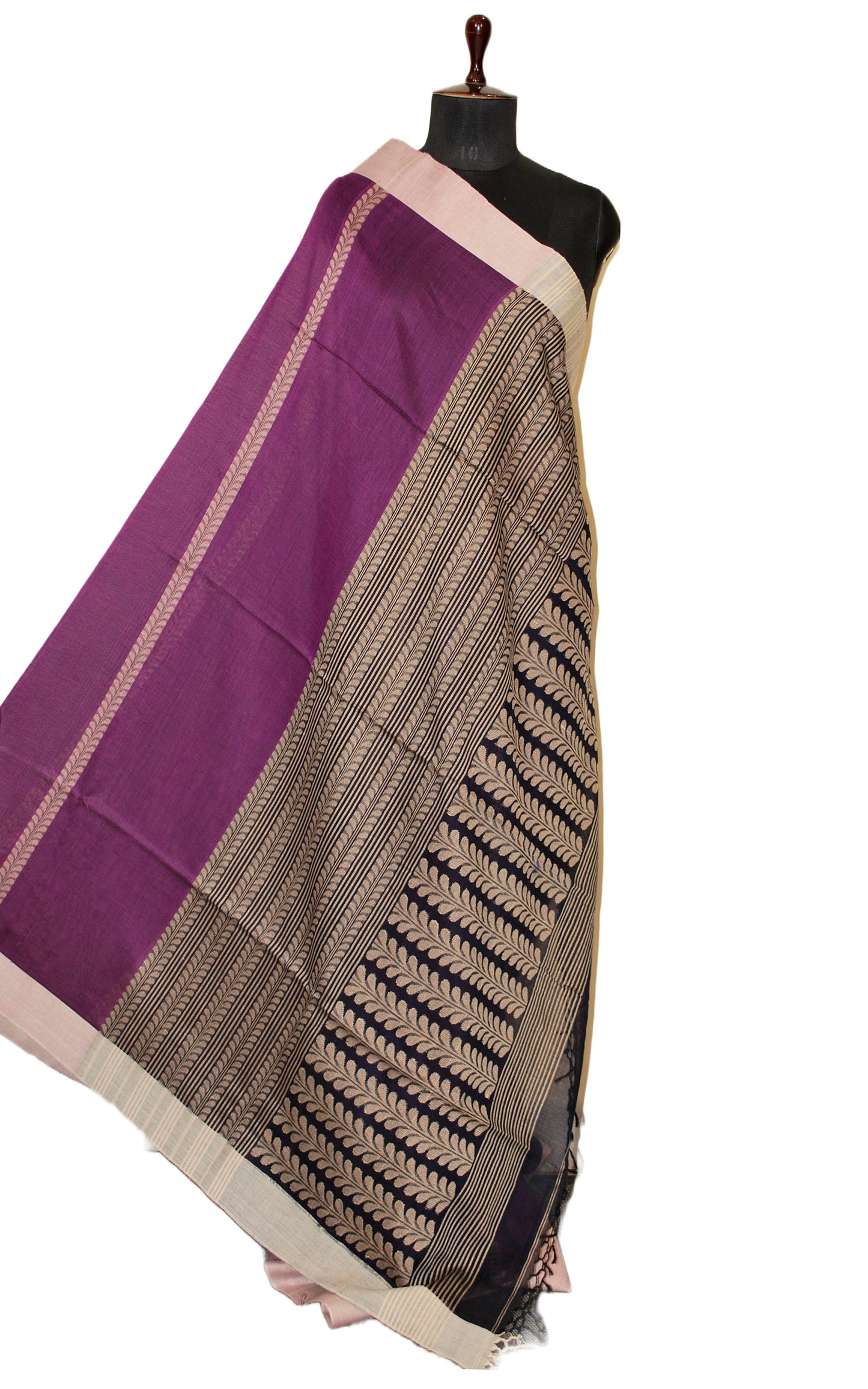 Handwoven Premium Soft Cotton Saree in Eggplant Purple, Beige and Black