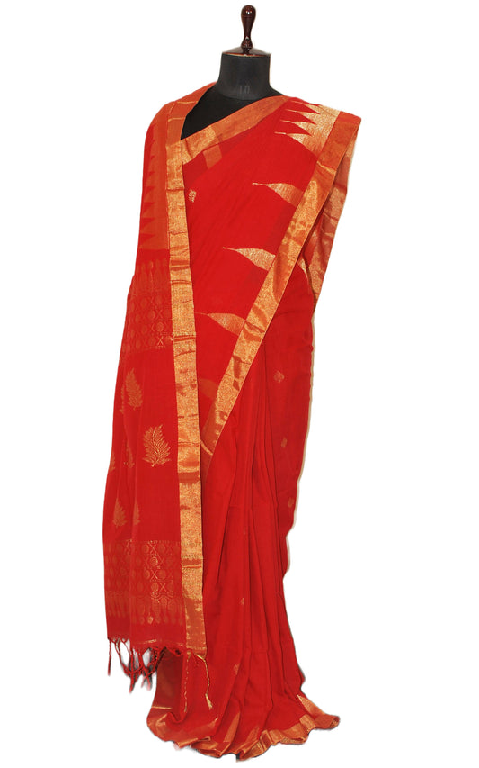 Authentic Bengal Cotton Kanchipuram Saree in Vermillion Red and Muted Copper Zari Work