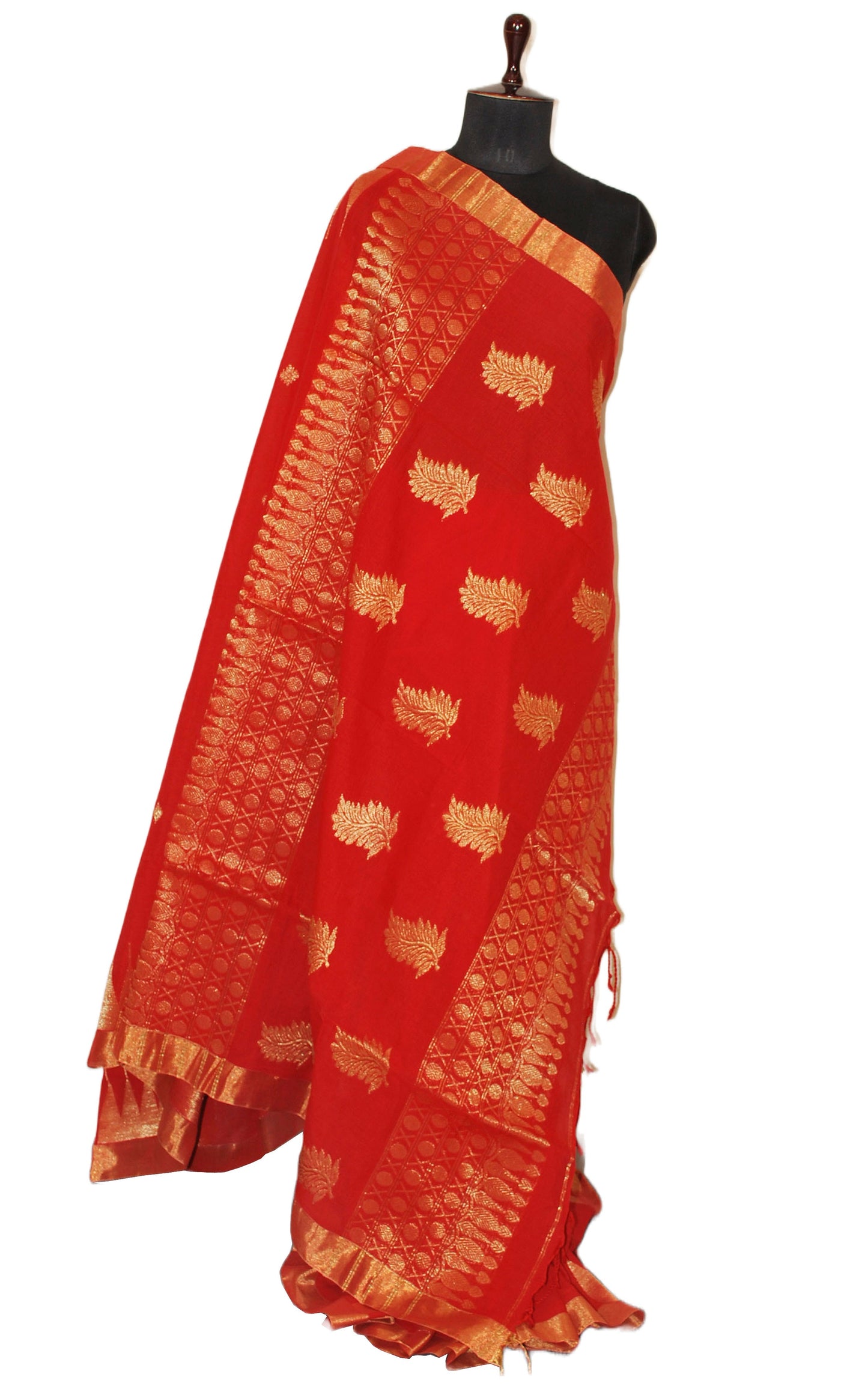 Authentic Bengal Cotton Kanchipuram Saree in Vermillion Red and Muted Copper Zari Work
