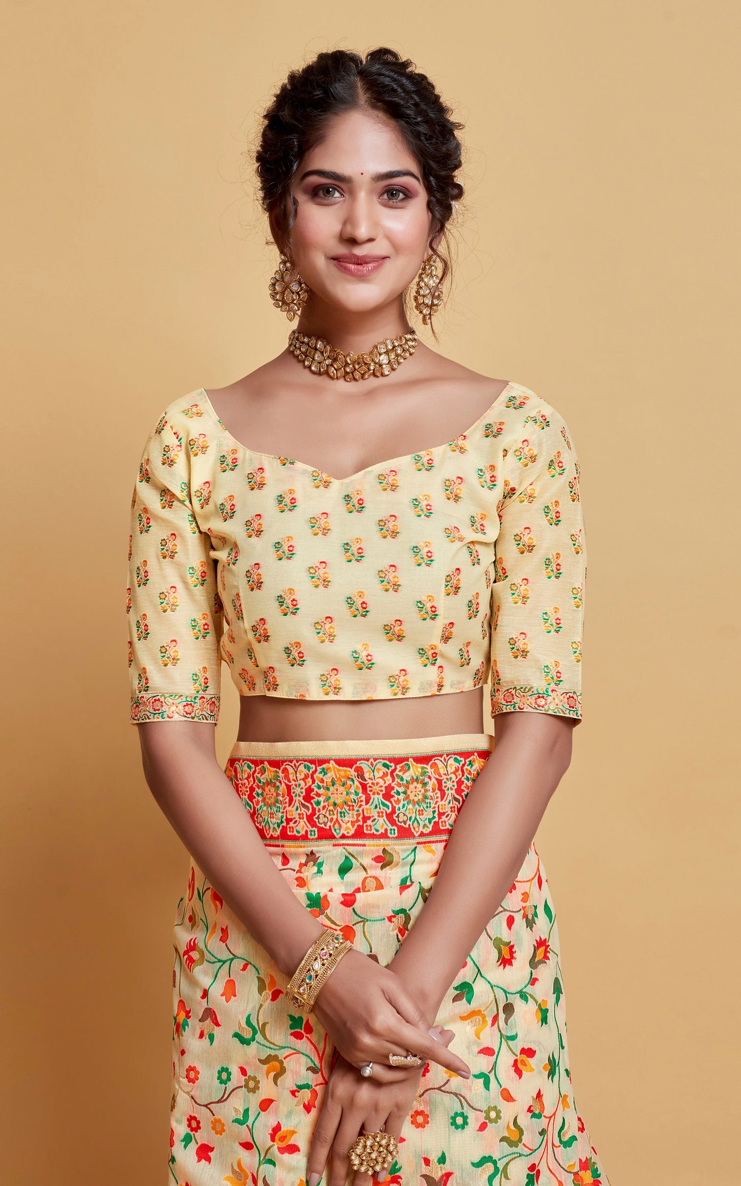 Kashmiri Handloom Modal Silk Woven Kani Saree In Pastel Cream, Red and Multicolored