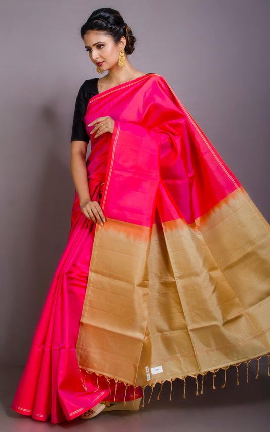 Soft Silk Kanchipuram Silk Saree in Hot Neon Pink, Caramel and Gold Zari Work
