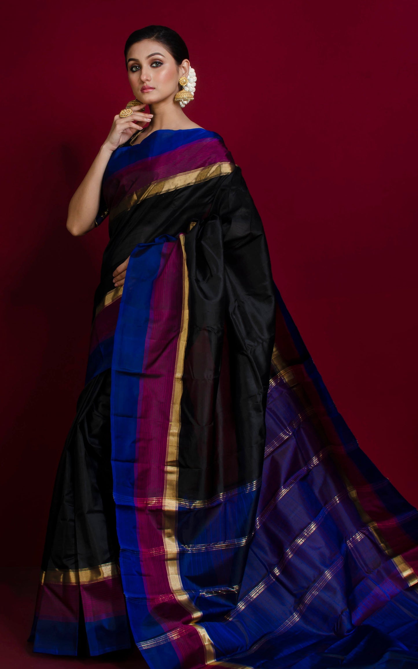 Soft Arani Pure Silk Saree in Pitch Black, Raisin Purple and Admiral Blue