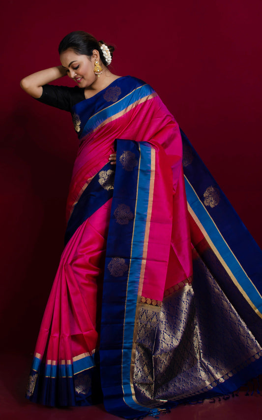 Soft Silk Metro Nakshi Border Kanchipuram Silk Saree in Cerise Pink, Dark Indigo Blue, Cobalt Blue and Brush Gold