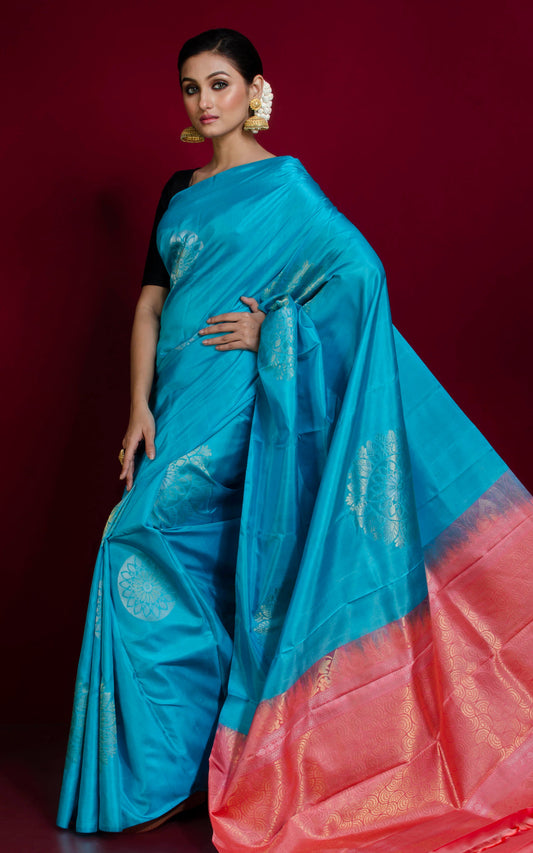 Soft Silk Poth Kanchipuram Silk Saree in Cyan, French Pink and Muted Gold