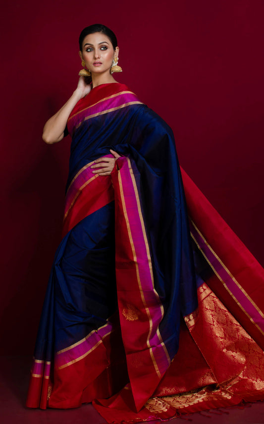 Soft Silk Metro Nakshi Border Kanchipuram Silk Saree in Dark Denim Blue, Bright Red, Fuchsia and Brush Gold