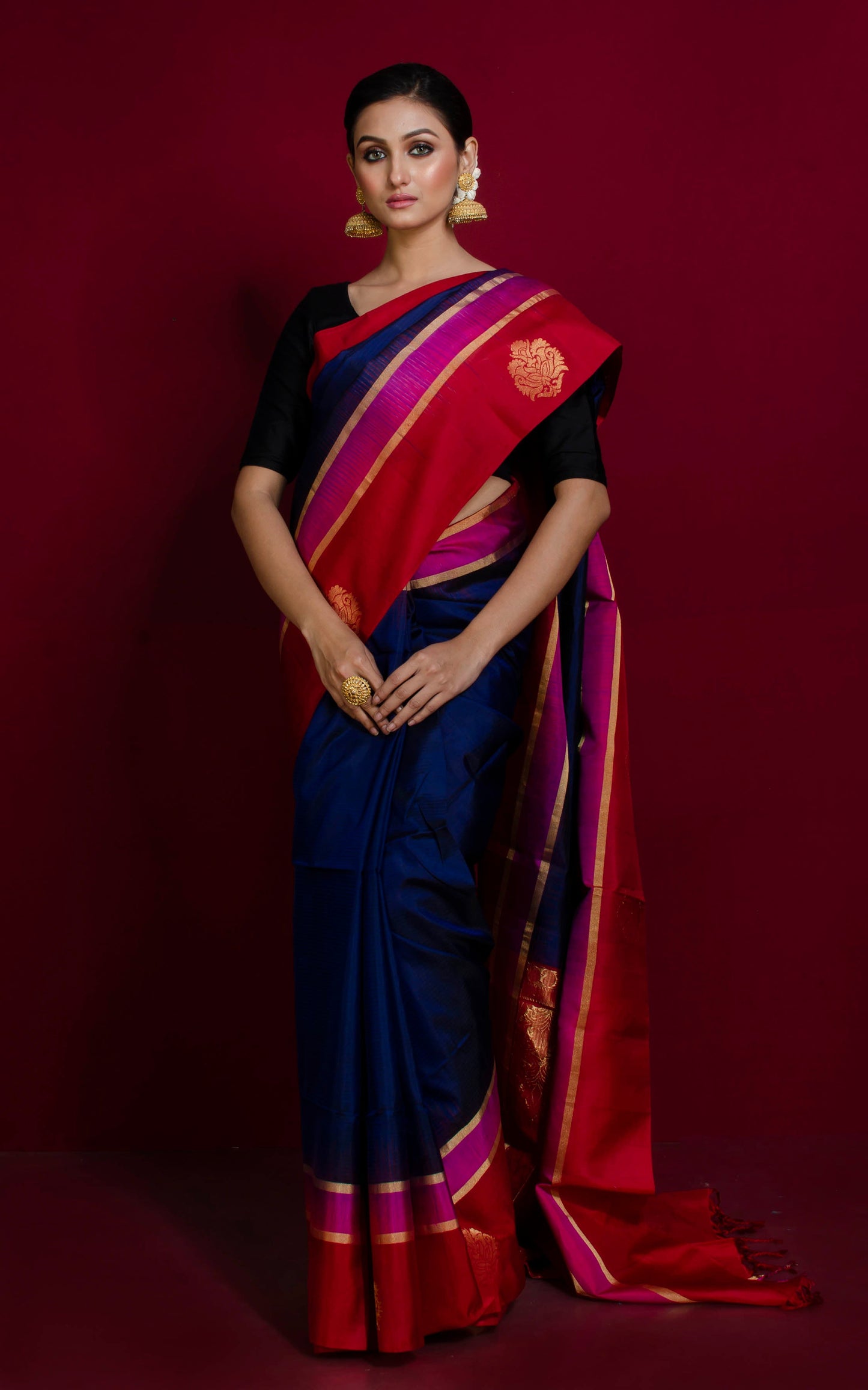 Soft Silk Metro Nakshi Border Kanchipuram Silk Saree in Dark Denim Blue, Bright Red, Fuchsia and Brush Gold