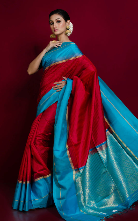 Soft Silk Metro Border Kanchipuram Silk Saree in Carmine Red, Cerulean Blue and Brush Gold
