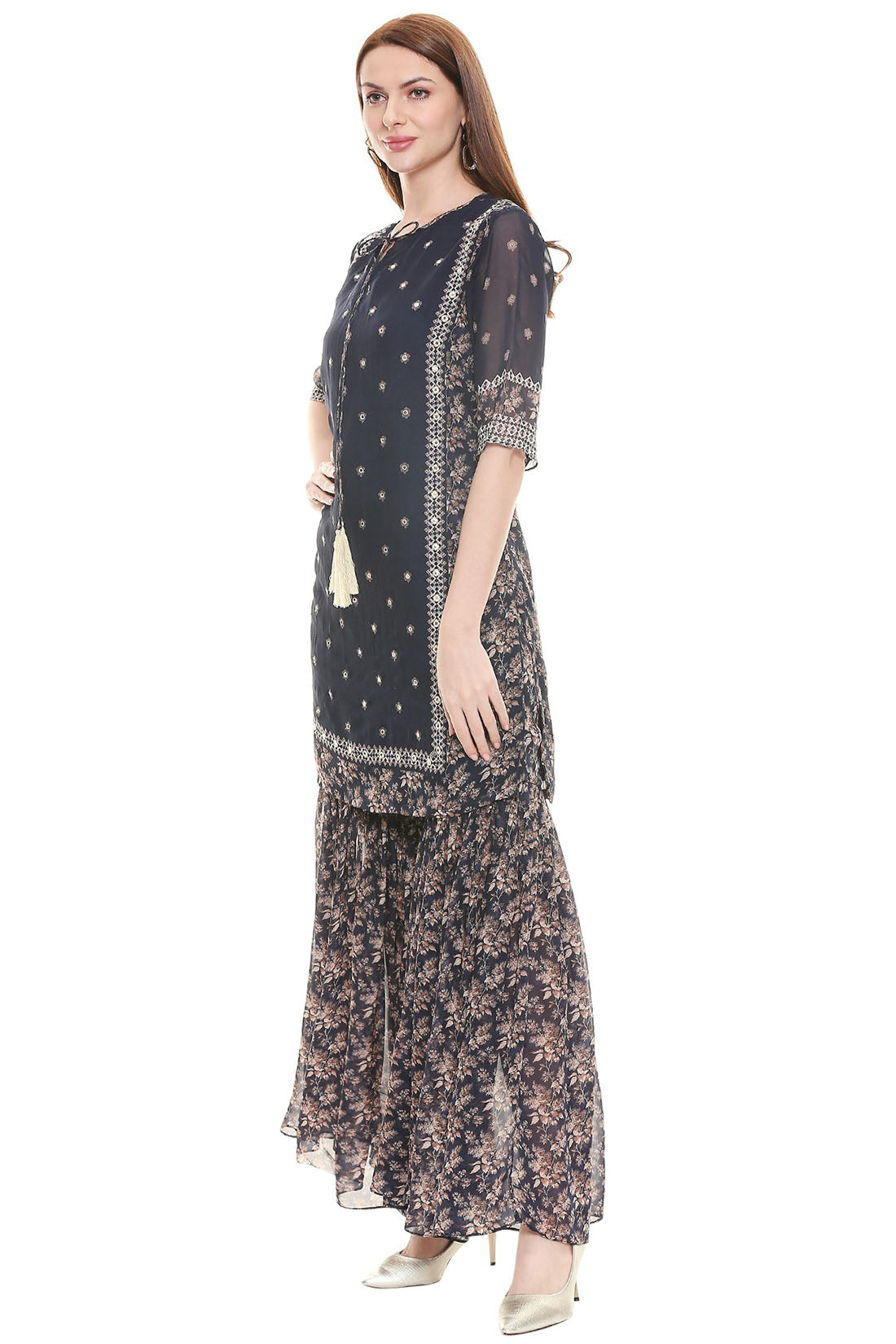 Applique Printed Kurta With Sharara Pant
