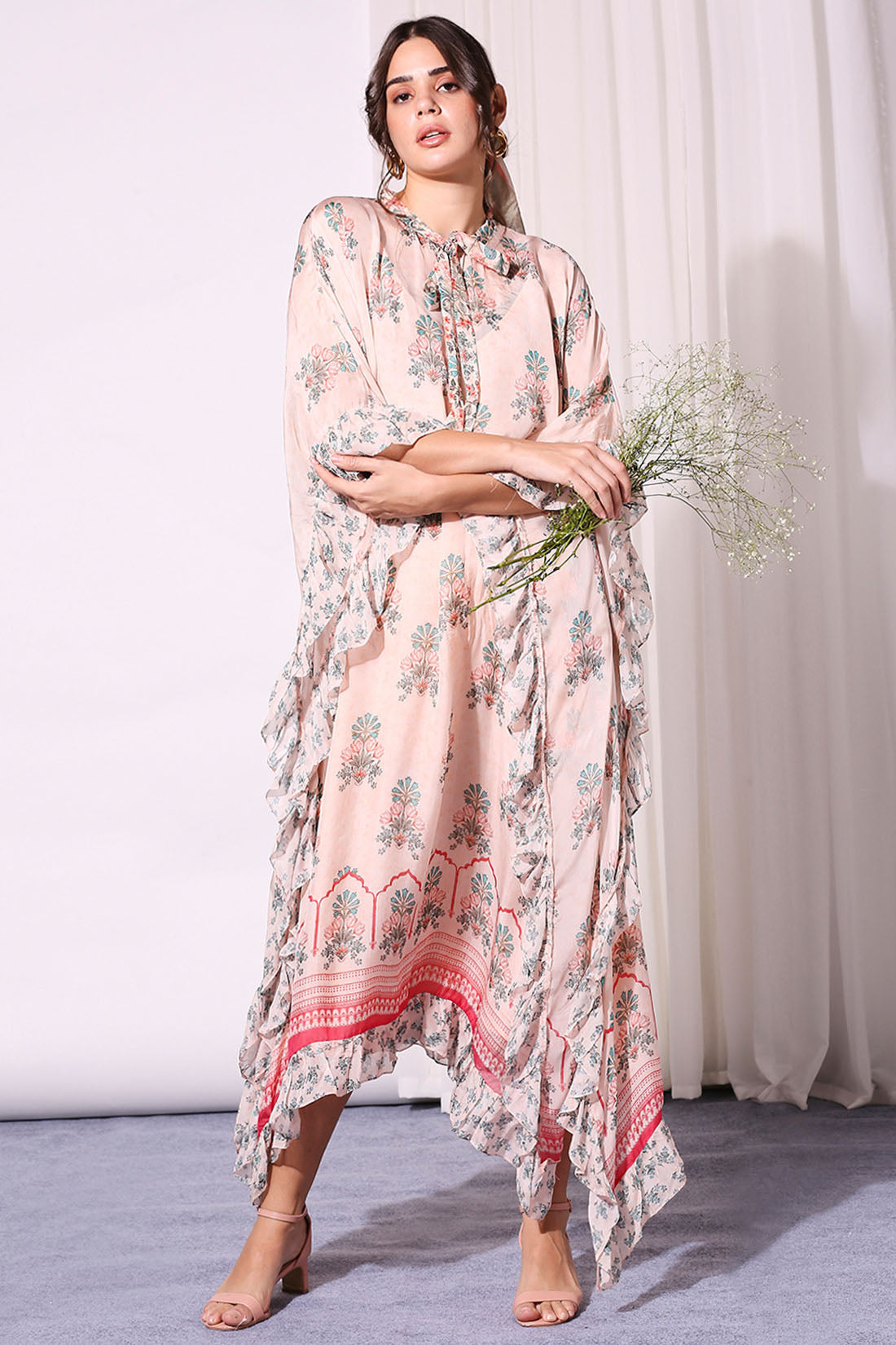 Floral Printed Kaftan With Ruffles And Neck Tie-Up