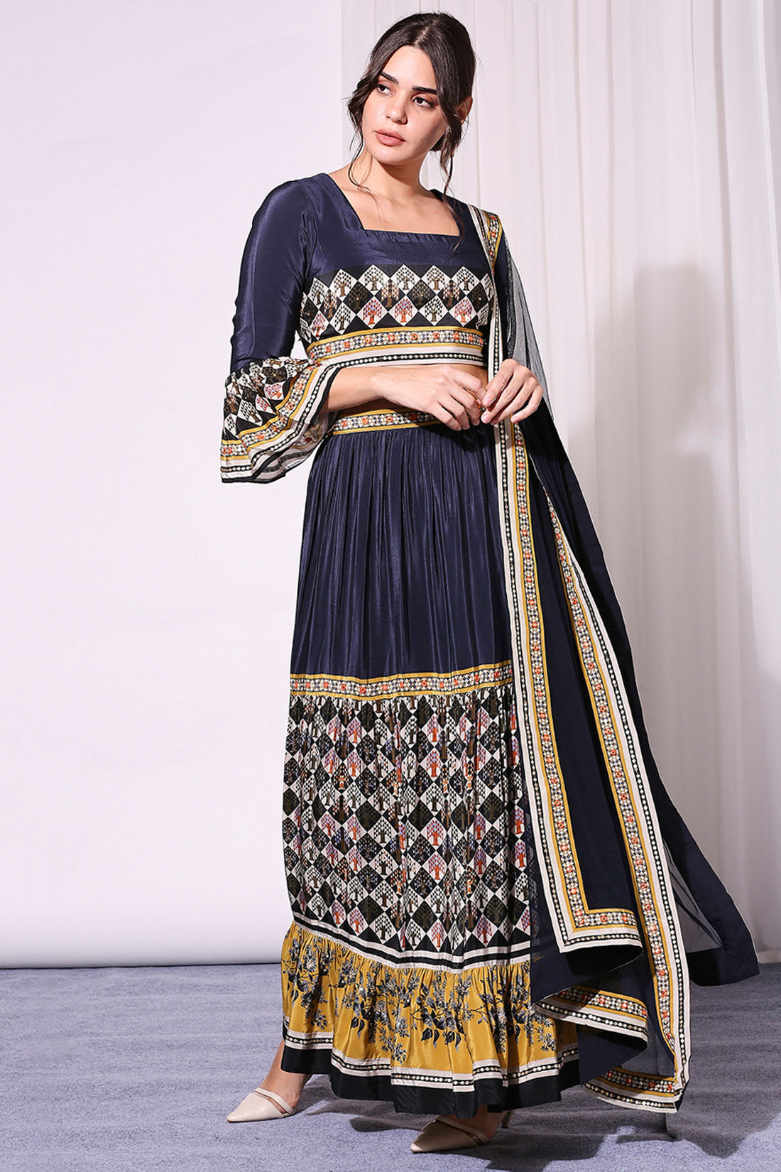 Applique Printed Crop Top And Skirt