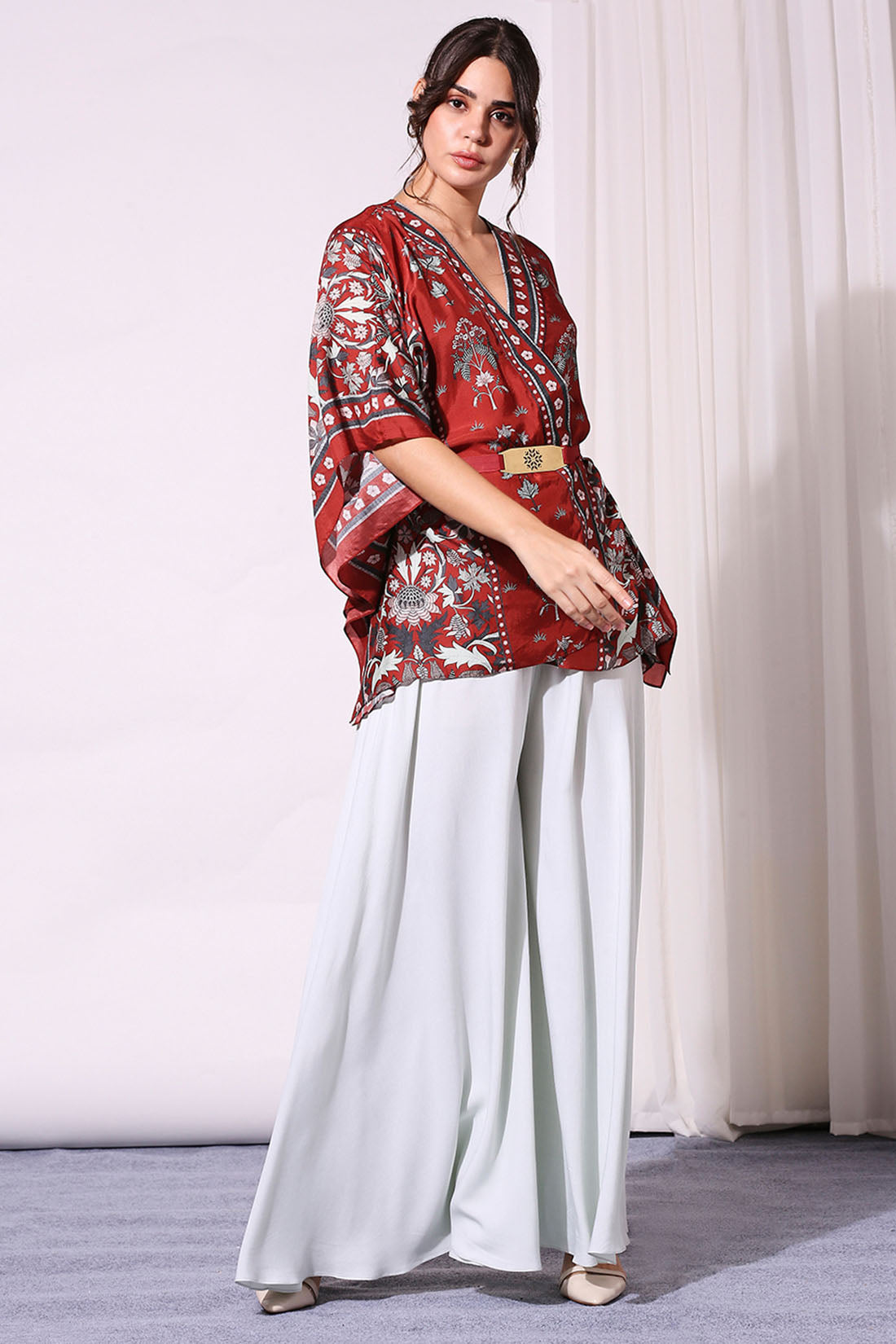 Maroon Floral Printed Kaftaan And Flared Pants