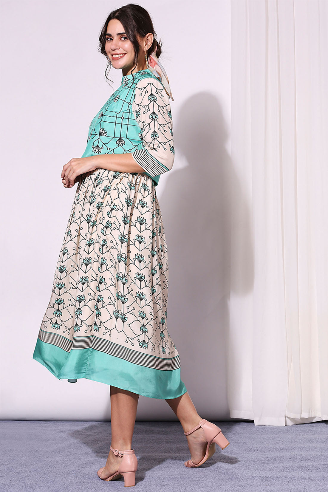 Sea Green Summer Floral Printed Dress And Jacket