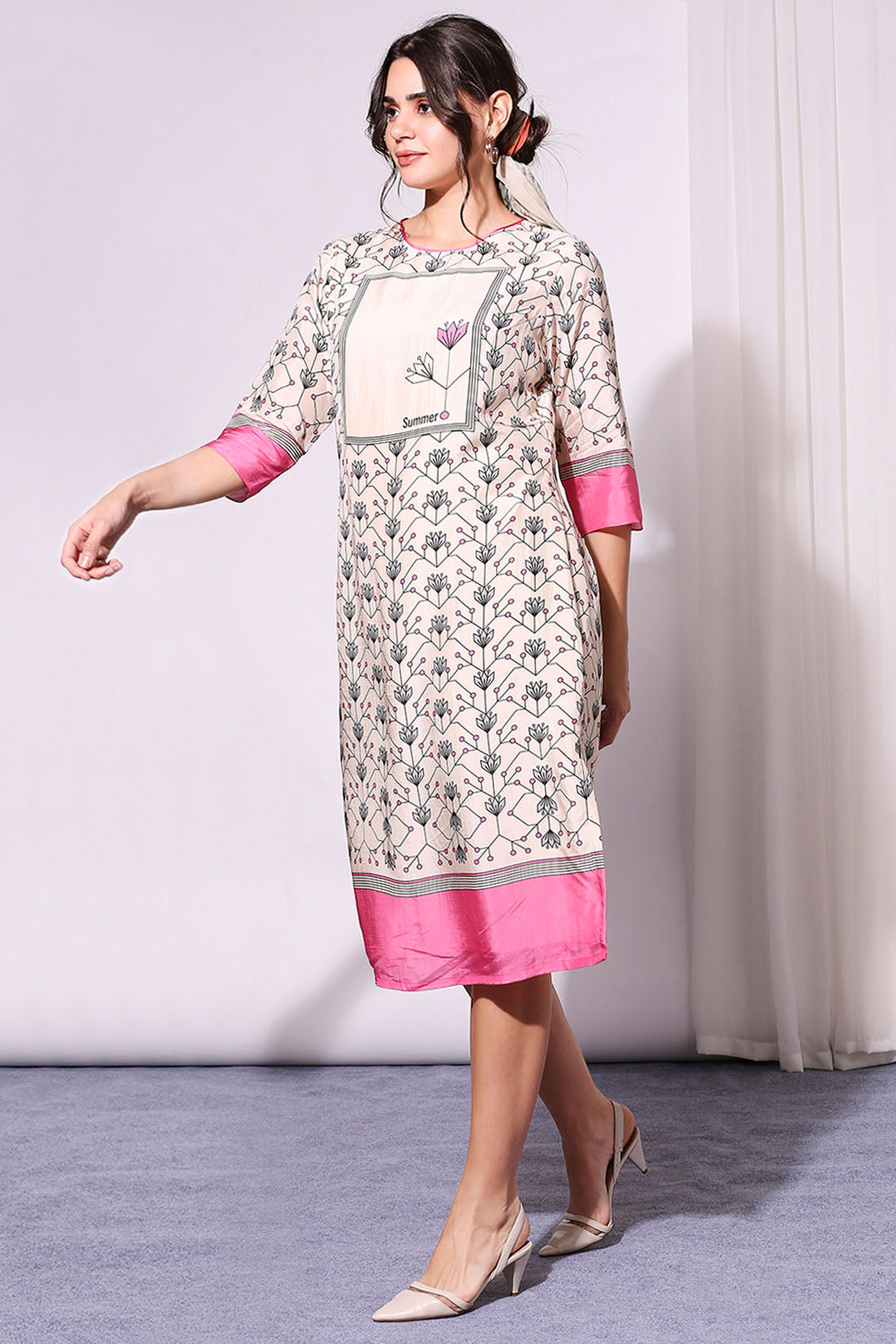 Powder Pink Summer Floral Printed Dress