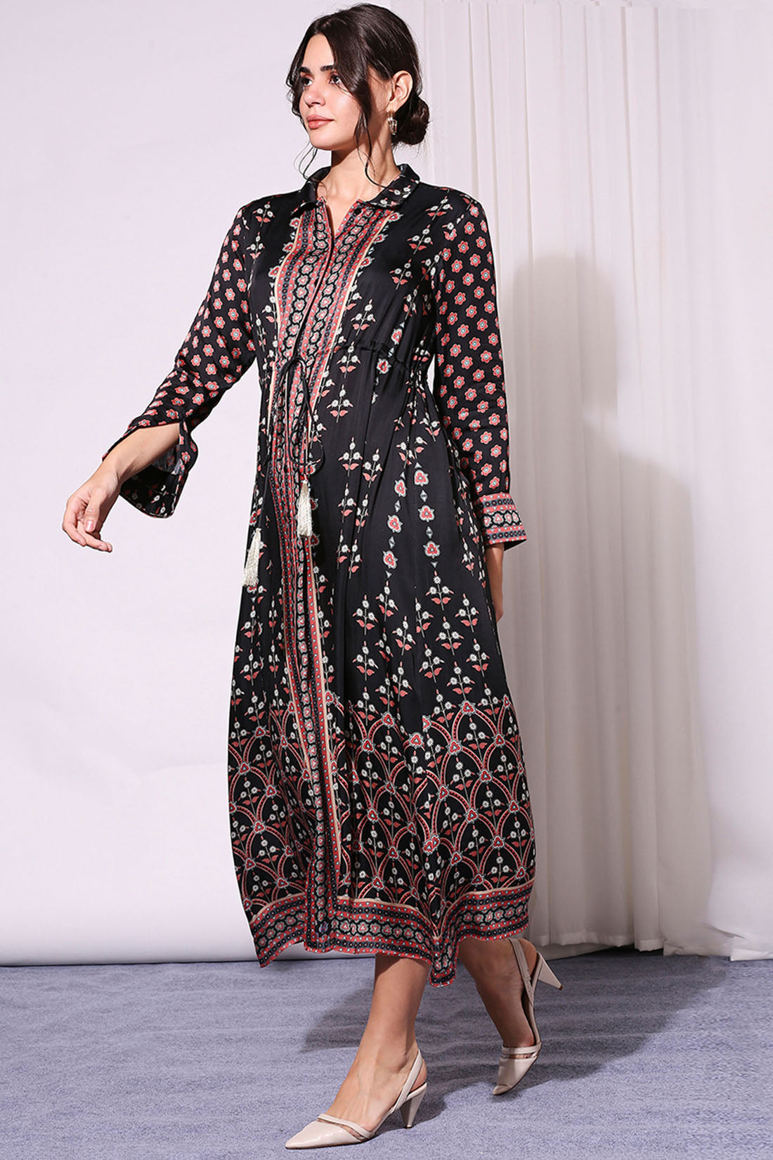 Black Ethnic Printed Dress With Waist Tie Up