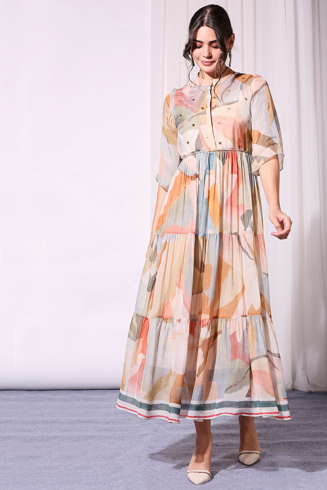 Pastel Coloured Conversational Printed Tiered Dress