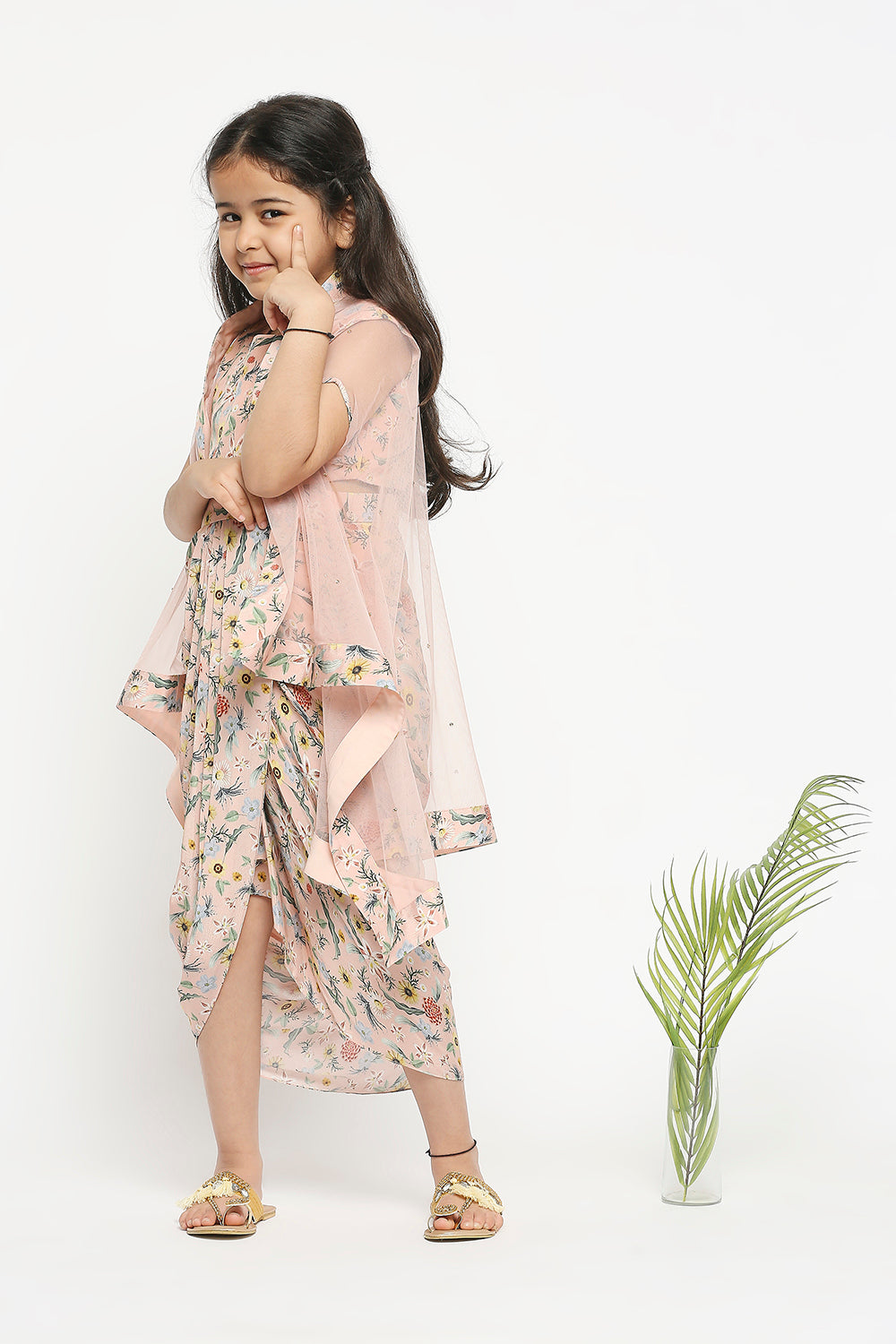 Gulista Pastel Pink Floral Printed Drape Dress With Net Cape