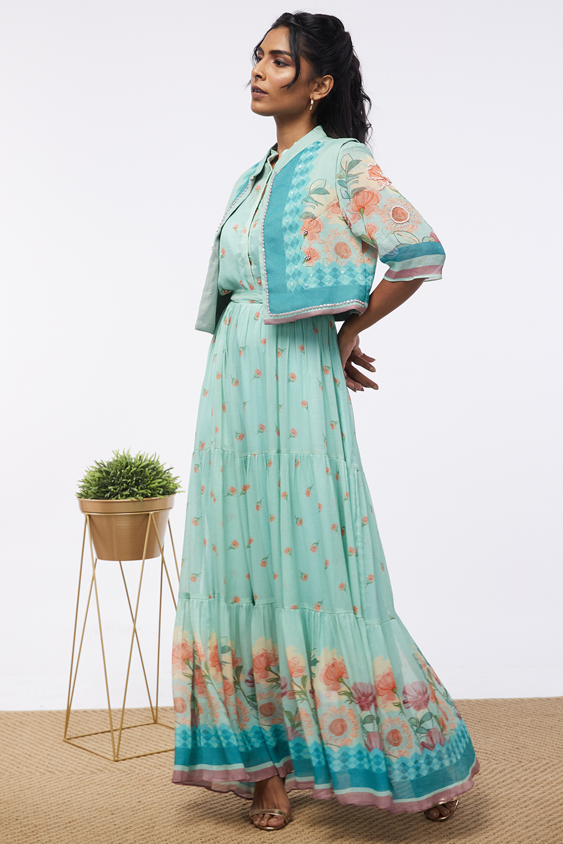 Blooming Bud Printed Tiered Dress With Jacket