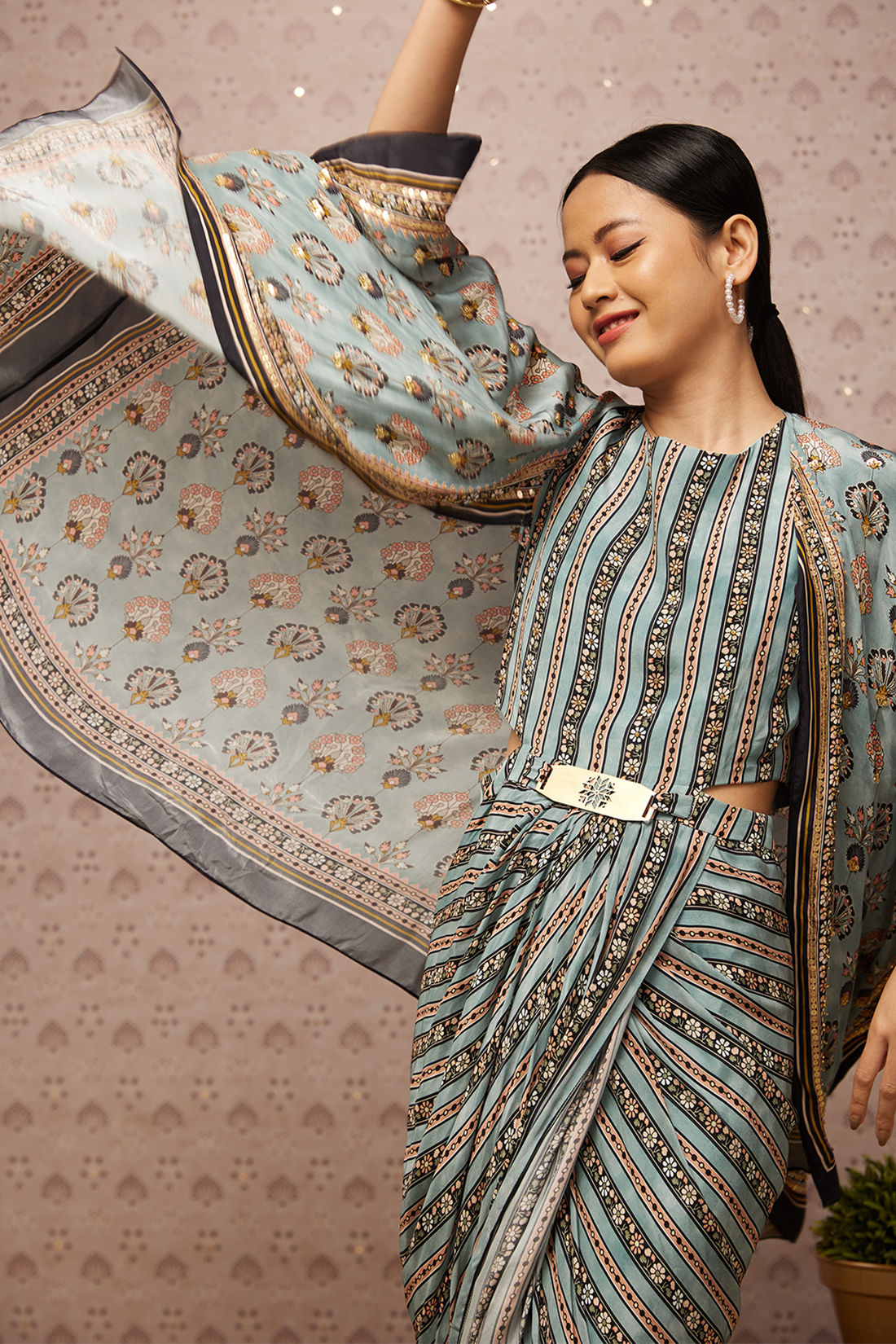 Sarouk Embroidered Drape Dress With Cape