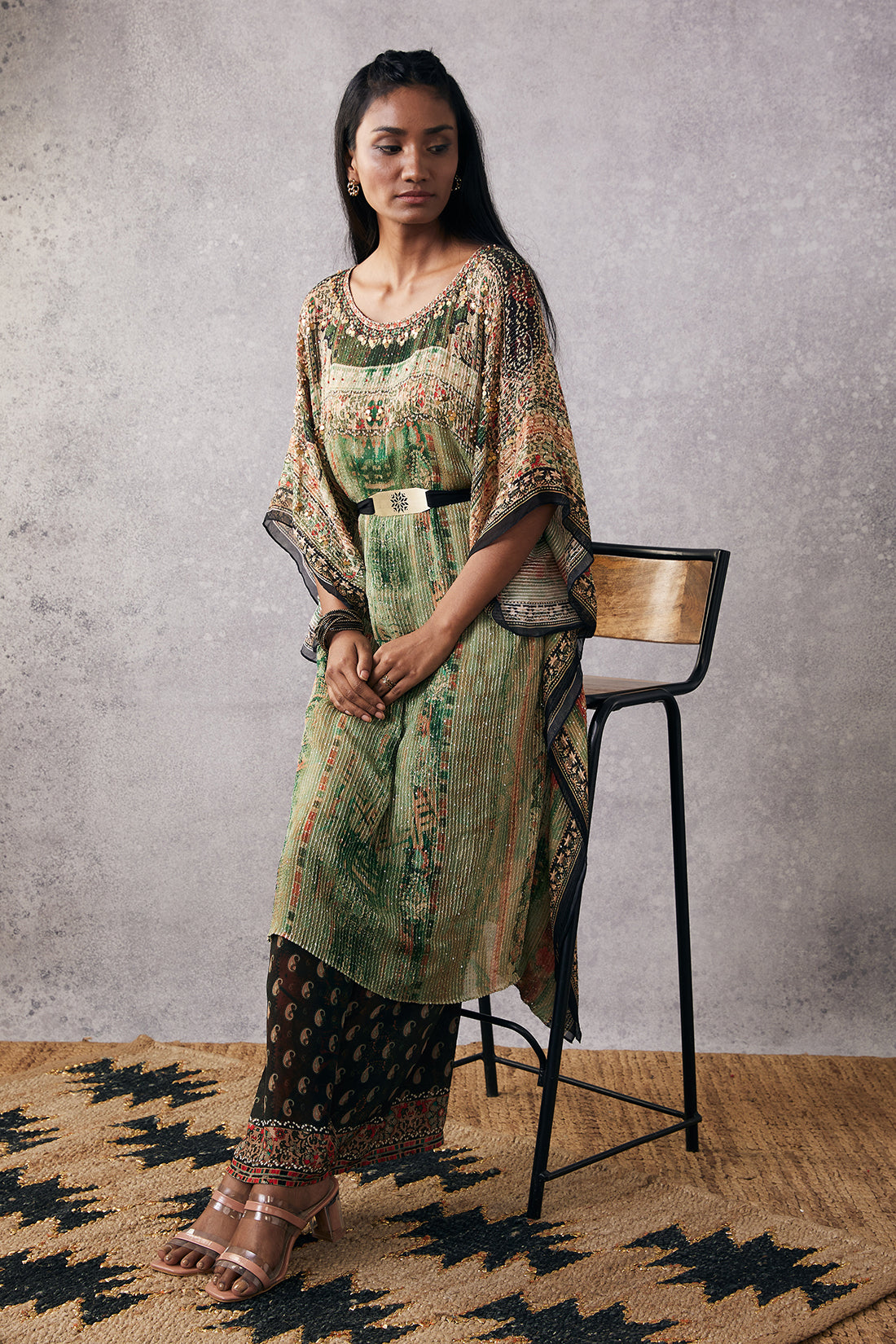 Green Ikaya Embroidered Kaftan Set With Belt