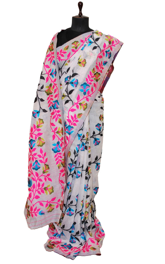 Floral Nakshi Jaal Work Traditional Soft Jamdani Saree in White and Multicolored