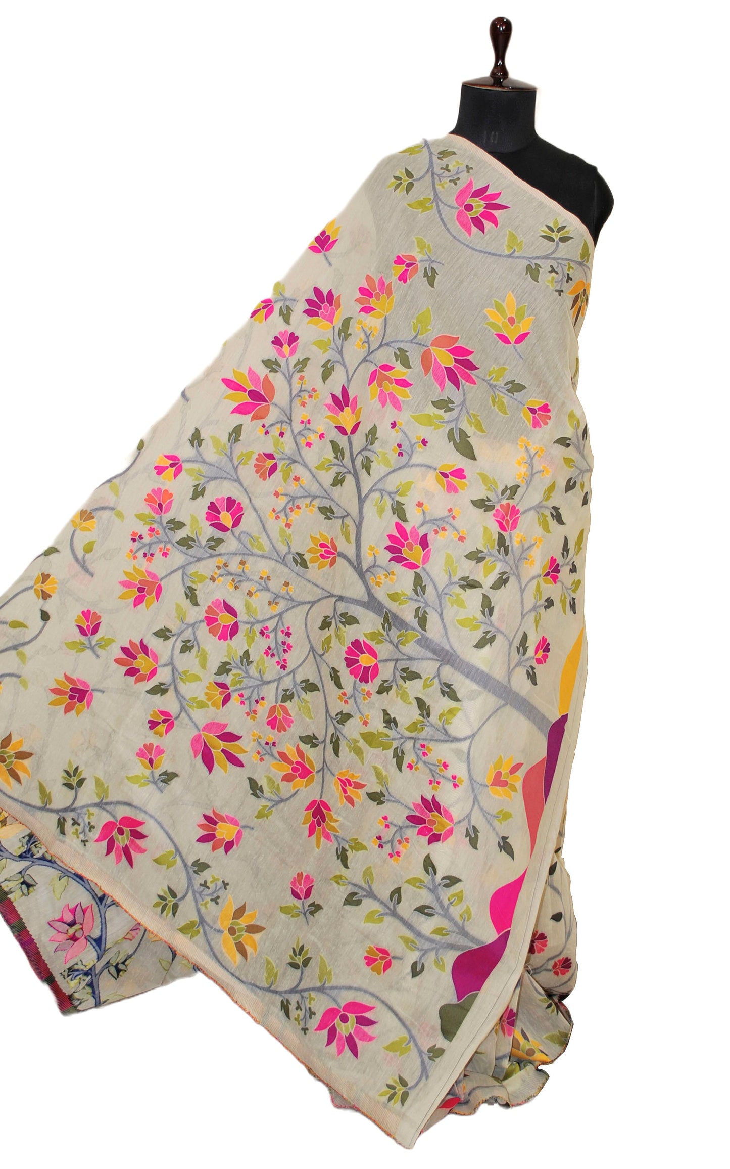 Tantuja Inspired Traditional Soft Jamdani Saree in Off White and Multicolored