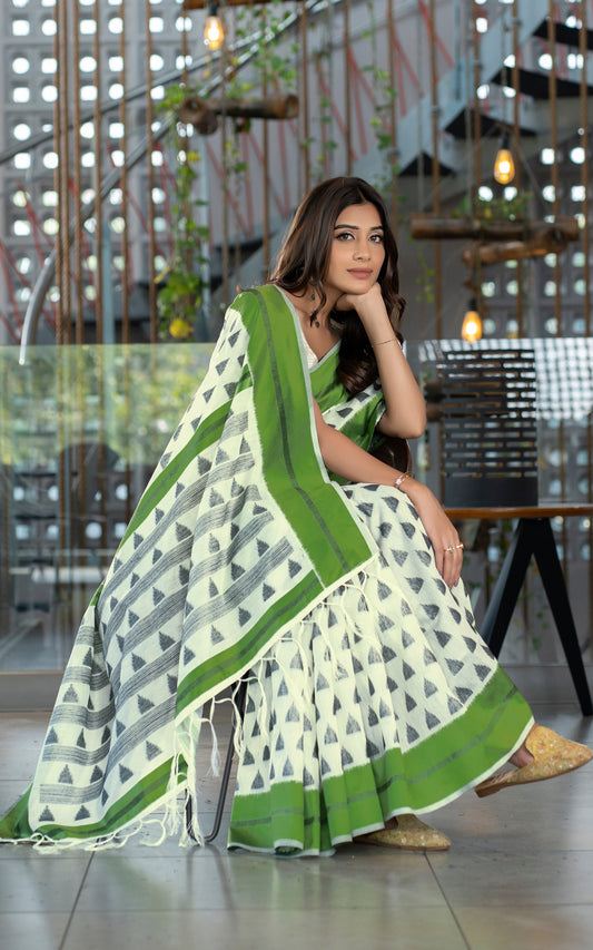 Designer Soft Jamdani Saree in Off White, Black and Green