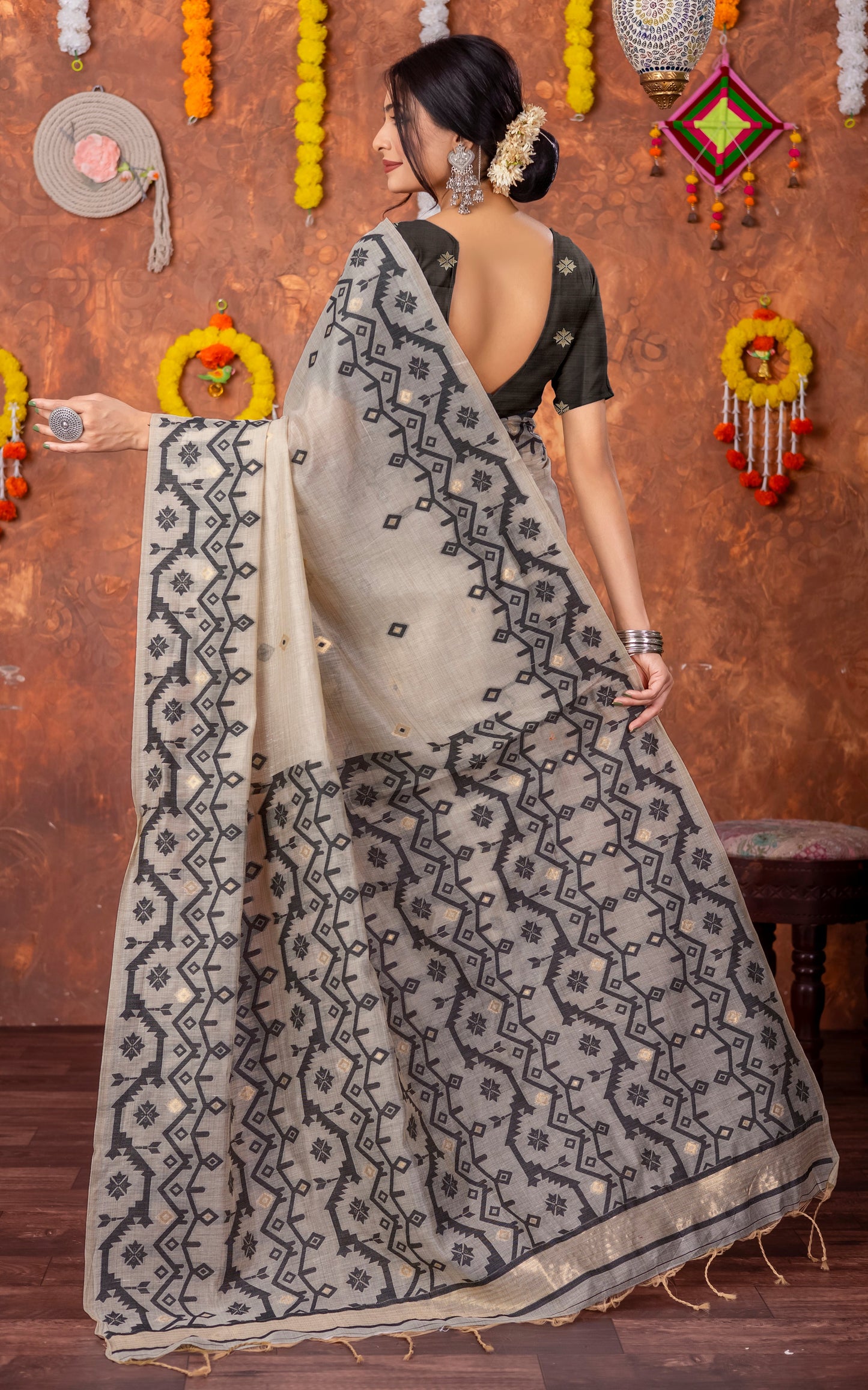 Tantuja Inspired Traditional Karat Needle Nakshi Jaal Work Soft Jamdani Saree in Beige, Black and Matte Golden