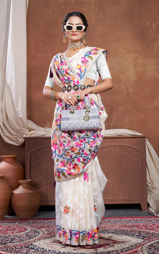 Minakari Inspired Traditional Woven Floral Nakshi Soft Jamdani Saree in Cream, Off White and Multicolored