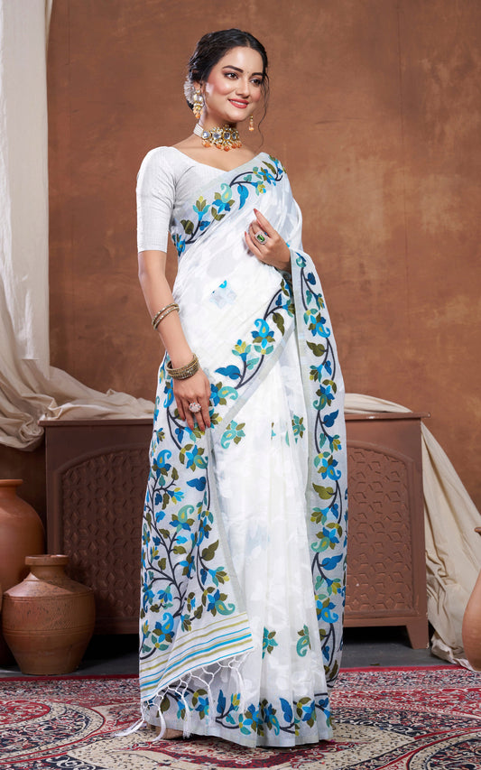 Minakari Inspired Traditional Woven Floral Nakshi Soft Jamdani Saree in White, Blue, Green and Multicolored