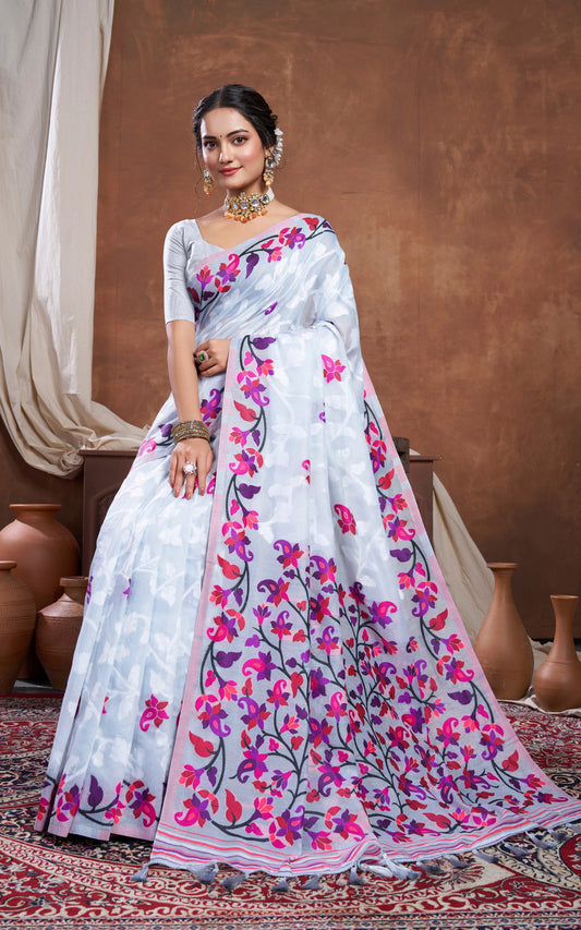 Minakari Inspired Traditional Woven Floral Nakshi Soft Jamdani Saree in Light Gray, Off White and Multicolored
