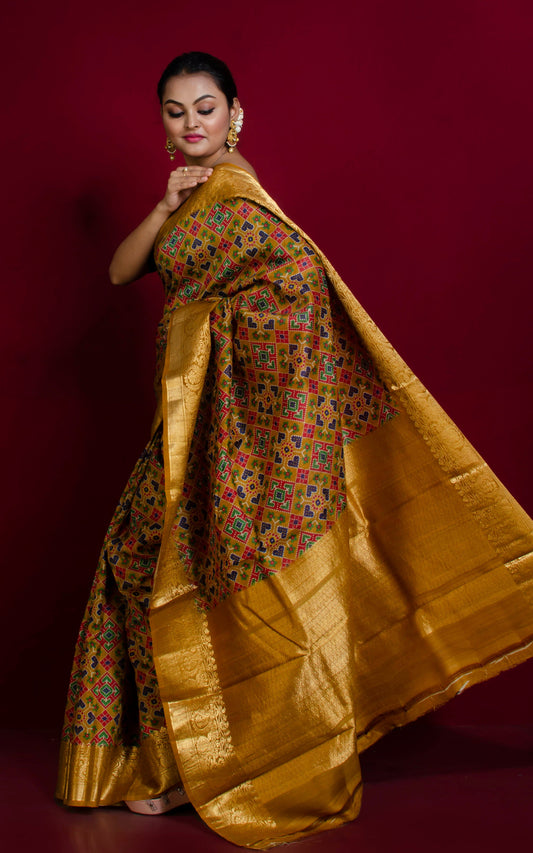 Printed Patola Tussar Banarasi Saree in Dijon Yellow, Multicolored and Gold Zari Work