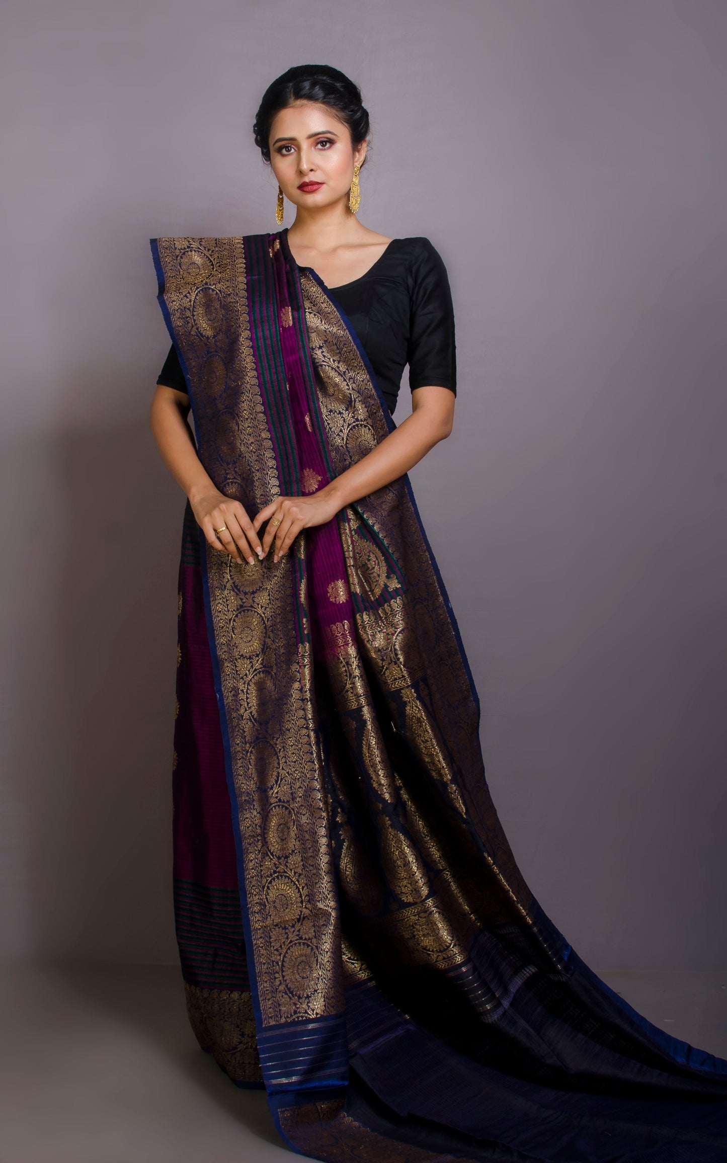 Woven Koniya Nakshi Motif Work Tussar Banarasi Saree in Purple, Dark Blue, Green and Antique Gold Zari
